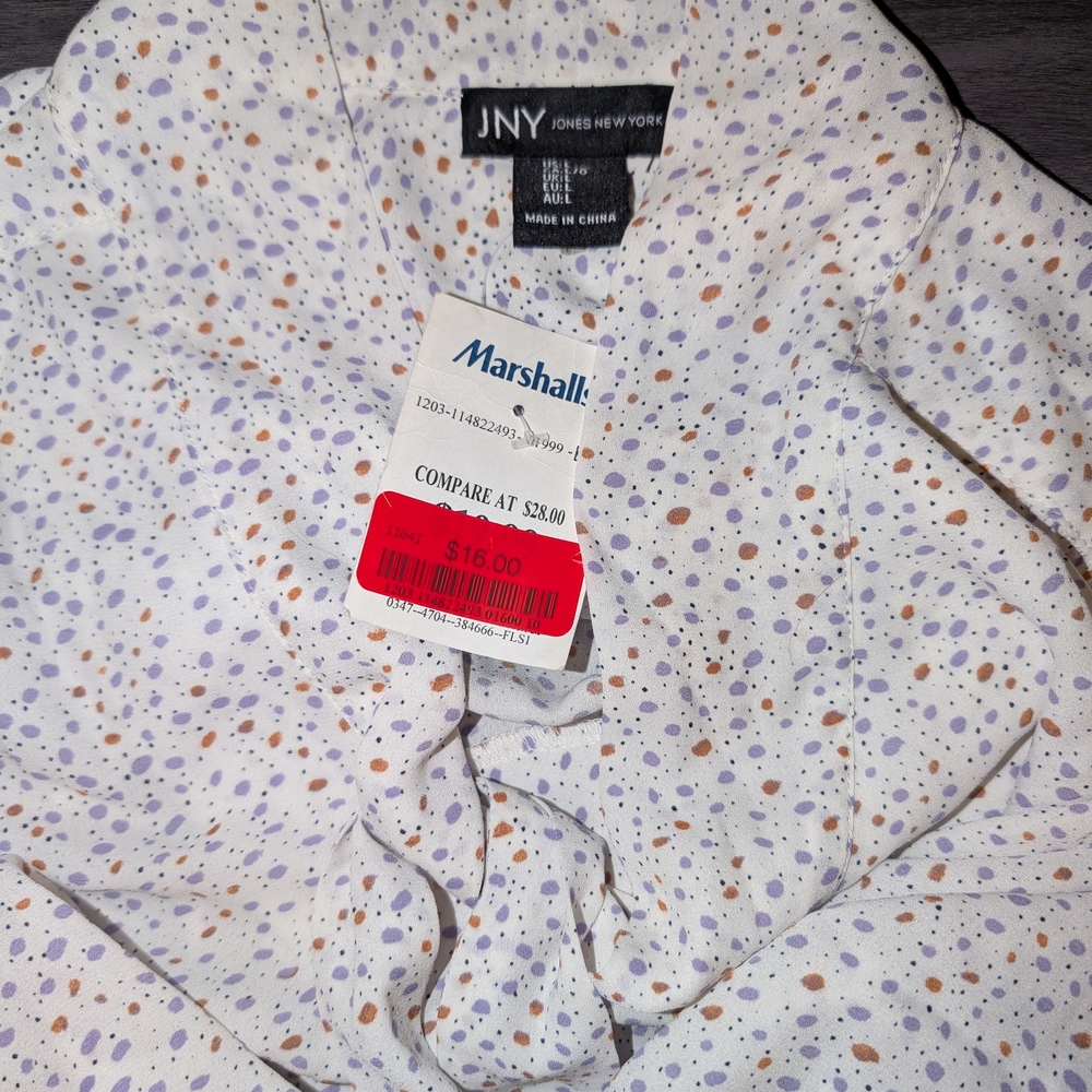 Jones New York White and Purple Polka Dot Blouse